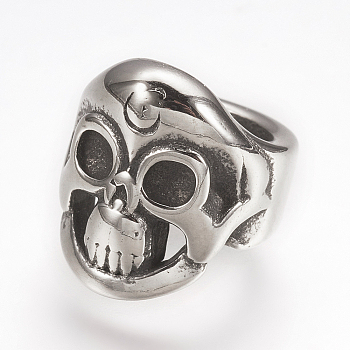 316 Surgical Stainless Steel Slide Charms Cabochon Settings, Skull, Antique Silver, 12x11x12.5mm, Hole: 8mm, Tray: 2mm