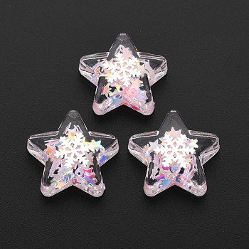 Translucent Acrylic Cabochons, with Paillette, Star, Pink, 24.5x24.5x8mm