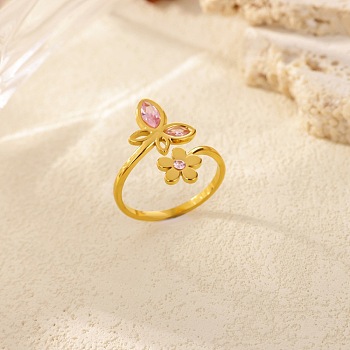 304 Stainless Steel with Glass Rhinestone Open Cuff Rings, Flower, Ion Plating(IP), Real 18K Gold Plated, Inner Diameter: 22.1mm