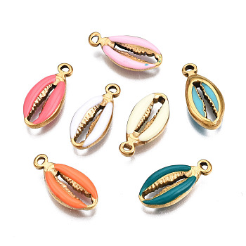 304 Stainless Steel Pendants, with Enamel, Spiral Shell, Golden, Mixed Color, 17x8x3.5mm, Hole: 1mm