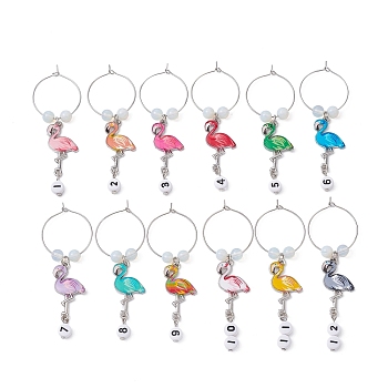 Flamingo Alloy Enamel Wine Glass Charms, with Acrylic Beads and Brass Wine Glass Charm Rings, Flat Round with Number, Mixed Color, 75mm, 12 colors, 1pc/color, 12pcs/set