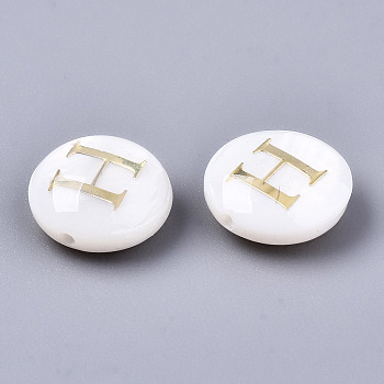 Natural Freshwater Shell Beads, with Golden Plated Brass Etched Metal Embellishments, Flat Round, Seashell Color, Letter.H, 8x3~5mm, Hole: 0.5~07mm