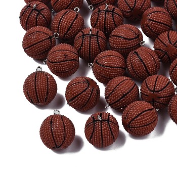 Opaque Resin Pendants, Sports Charms, with Platinum Tone Iron Loop, Basketball Shape, Saddle Brown, 26~28x22mm, Hole: 2mm