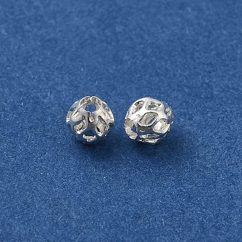 Brass Hollow Spacer Beads, Round, 925 Sterling Silver Plated, 4mm, Hole: 1.6mm