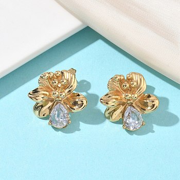 Valentine's Day 304 Stainless Steel Cubic Zirconia Stud Earrings for Women, Flower with Teardrop, Ion Plating(IP), Real 18K Gold Plated, Clear, 22x21.5mm