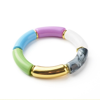 Chunky Curved Tube Beads Stretch Bracelet, CCB Plastic & Acrylic Imitation Gemstone Bracelet, Blue, Inner Diameter: 2-1/8 inch(5.5cm)
