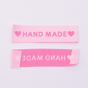 Woven Sewing Labels, Cloth Labels, for Sewing, Knitting, Crafts, Word Handmade with Heart, Pearl Pink, 15x60x0.5mm