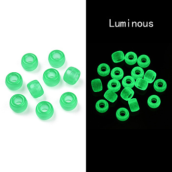 Transparent & Luminous Plastic Beads, Frosted, Glow in the Dark, Barrel, Spring Green, 9x6mm, Hole: 3.8mm, about 1900pcs/500g