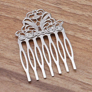 Iron Hair Combs Findings, with Brass Flower, Platinum, 65x38x2mm