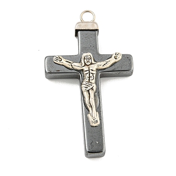 Religion Synthetic Non-Magnetic Hematite & Alloy Pendants, Jesus Corss Charms, Original Color, 38.5x22x6mm, Hole: 2.4mm