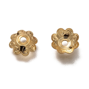 304 Stainless Steel Bead Caps, Multi-Petal Flower, Real 18k Gold Plated, 6.5x2mm, Hole: 1.8mm