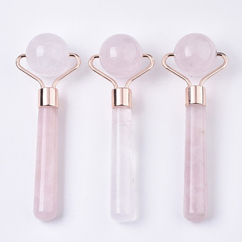 Natural Rose Quartz Mini Eye Roller Massage Tool Skin Care, with Rose Gold Plated Brass Findings, 109x36x25mm