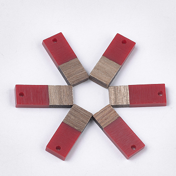 Resin & Walnut Wood Pendants, Rectangle, FireBrick, 22.5~23x8.5~9x3.5mm, Hole: 2mm