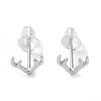 Anti-Tarnish Rhodium Plated Antler Shape 999 Fine Silver Stud Earrings for Women, with 999 Stamp, Platinum, 6x7mm