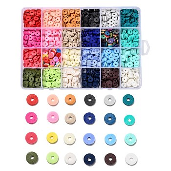 24 Colors Handmade Polymer Clay Beads, for DIY Jewelry Crafts Supplies, Disc/Flat Round, Heishi Beads, Mixed Color, 8x0.5~1mm, Hole: 2mm, 24 colors, about 76~80pcs/color, 1824~1920pcs/box