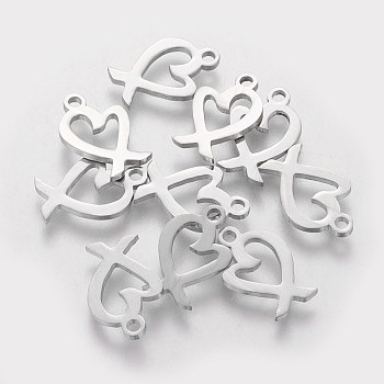 201 Stainless Steel Charms, Heart Ribbon, Stainless Steel Color, 14x9x1.1mm, Hole: 1.5mm