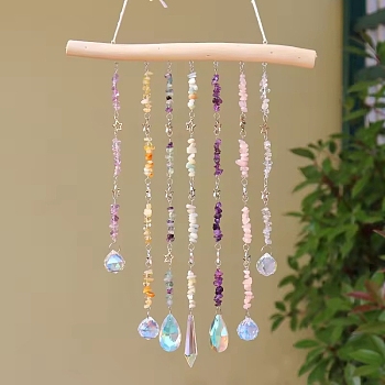 Teardrop Glass Suncatchers, Natural Amethyst, Quartz Crystal, Fluorite, Rose Quartz, Carnelian Chip Hanging Ornaments, Rainbow Maker, for Garden & Home Decoration, Mixed Color, 520mm