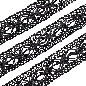 PU Leather Braided Ribbon, Clothes Accessories Decoration, Floral, Black, 1-1/4~1-3/8 inch(32~35mm), 15 yards/strand