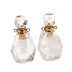 Natural Quartz Crystal Perfume Bottle Pendants, Faceted Rock Crystal Gems Bottle Charms with 304 Stainless Steel Findings, Golden, 35~35.5x20~20.5x13.5~14mm, Hole: 1.8mm(G-B149-02G-01)