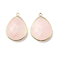 Faceted Natural Rose Quartz Pendants, with Light Gold Plated Brass Edge and Loop, Teardrop, 28.5~29.5x19~20x7mm, Hole: 1.2mm(G-M356-A03-LG)