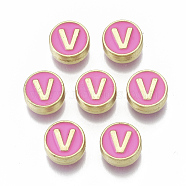 Alloy Enamel Beads, Cadmium Free & Nickel Free & Lead Free, Flat Round with Initial Letters, Light Gold, Letter.V, 8x4mm, Hole: 1.5mm(ENAM-S122-028V-NR)