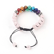 Chakra Natural Rose Quartz Braided Bead Bracelets, with Natural & Synthetic Mixed Stone and Alloy Findings, Antique Silver, 2-3/8 inch(6cm)(BJEW-O164-A07)