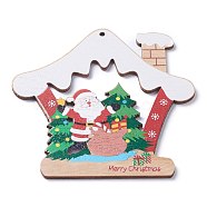Christmas Theme Natural Wood Big Pendants, Wood Frame with Christmas Tree and Cartoon Figure & Word Merry Christmas, Colorful, 108x103x3mm, Hole: 4mm(WOOD-B001-12)