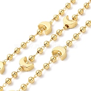 Brass Moon Link Chains, with Round Bead, with Spool, Cadmium Free & Lead Free, Real 18K Gold Plated, Moon: 7x4x3mm, Beads: 3x4mm(CHC-M024-08G-01)