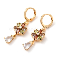 Rack Plating Golden Brass Dangle Leverback Earrings, with Cubic Zirconia, Flower, Colorful, 38x10.5mm(EJEW-B037-01G-01)