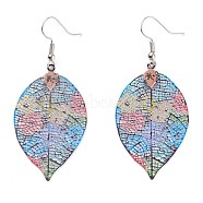 Spray Painted Stainless Steel Leaf Dangle Earrings, Etched Metal Embellishments, with Iron Earring Hooks, Stainless Steel Color, Colorful, 67mm, Pin: 0.7mm(EJEW-I256-09P)