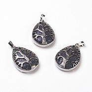 Natural Lava Rock Pendants, with Brass Findings, Teardrop with Tree of Life, Platinum, 39x25.5x7mm, Hole: 7.5x5mm(X-G-P378-A)