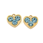 304 Stainless Steel Pendants, with Rhinestone, Heart Charms, Real 14K Gold Plated, Aquamarine, 7x8x3mm, Hole: 1mm(STAS-L080-001G-02)