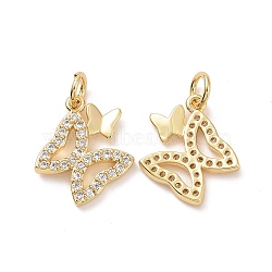 Brass Micro Pave Clear Cubic Zirconia Charms, with Jump Ring, Double Butterfly Charms, Golden, 15x13x2mm, Hole: 3.5mm(ZIRC-F134-15G)