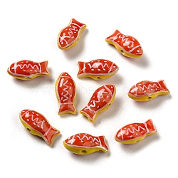 Handmade Printed Porcelain Beads, Famille Rose Porcelain, Fish, Orange Red, 11x21.5~22x9mm, Hole: 1.5~1.8mm(PORC-E015-17K)