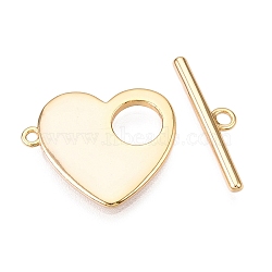 Brass Toggle Clasps, Heart, Real 18K Gold Plated, 20x17x2mm, Hole: 1mm, bar: 5x20.5x2mm, hole: 1.8mm(KK-N254-138G)