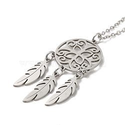 201 Stainless Steel Pendnat Necklace with Cable Chains, Web with Feather, Stainless Steel Color, 19.61~19.65 inch(49.8~49.9cm)(NJEW-E102-01P-01)