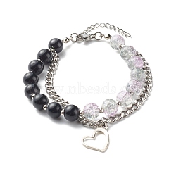 Painted & Crackle Glass Beads Multi-strand Bracelets, with 304 Stainless Steel Heart Charm & Curb Chain, Platinum, Black, 7-1/2 inch(19cm)(X1-BJEW-TA00006)