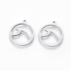 201 Stainless Steel Pendants, Manual Polishing, Flat Round with Wave Pattern, Stainless Steel Color, 18x16x1.5mm, Hole: 1.2mm(X-STAS-F231-066P)