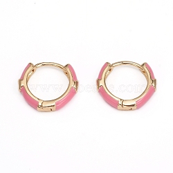 Brass Micro Pave Clear Cubic Zirconia Huggie Hoop Earrings, with Enamel, Pearl Pink, 16x3mm, Pin: 1mm(EJEW-I240-02A)