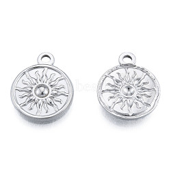 201 Stainless Steel Pendants, Flat Round with Sun, Stainless Steel Color, 19x15.5x2mm, Hole: 1.8mm(STAS-N098-223P)