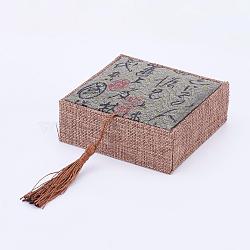 Wooden Bracelet Boxes, with Linen and Nylon Cord Tassel, Rectangle, Slate Gray, 10x10x3.7cm(OBOX-K001-01C)