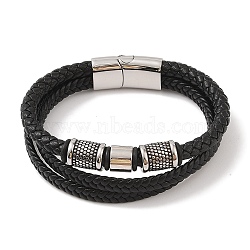 Braided Microfiber Leather Multi-strand Bracelets, 304 Stainless Steel Column Bracelets for Men, Antique Silver, 8-5/8 inch(22cm)(BJEW-B096-01B)