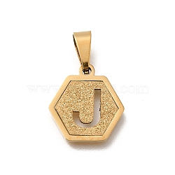 304 Stainless Steel Charms, Real 18K Gold Plated, Hexagon with Letter Charm, Letter J, 15x14x1.5mm, Hole: 3x5.5mm(STAS-H227-01G-J)