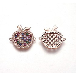 Brass Micro Pave Cubic Zirconia Links, Apple, Colorful, Rose Gold, 21x22x3mm, Hole: 1.2mm(ZIRC-L076-019RG)