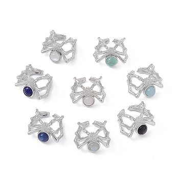 Spider Natural Gemstone Cuff Rings, Platinum Tone Brass Open Rings for Women, 4.5~22mm, Inner Diameter: US Size 7 1/4(17.5mm)