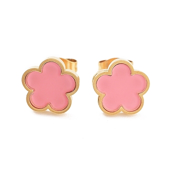 Flower Resin Stud Earrings, Golden Tone 304 Stainless Steel Jewelry for Women, Pink, 9.5x10mm