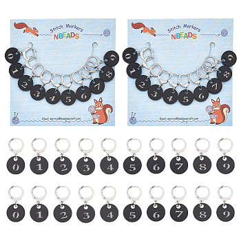 Acrylic Flat Round with Number Pendant Locking Stitch Markers, 304 Stainless Steel Clasp Stitch Marker, Black, 3.1cm, 10 style, 1pc/style, 10pcs/set