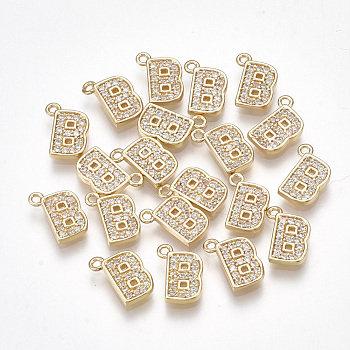 Brass Cubic Zirconia Charms, Letter, Clear, Real 18K Gold Plated, Letter.B, 9.5x7x1.5mm, Hole: 1mm