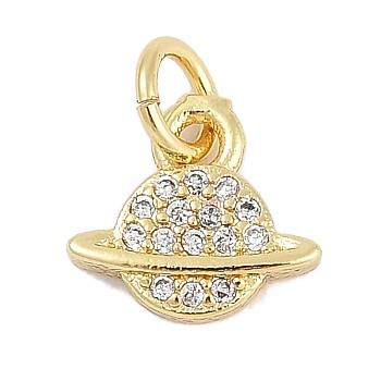 Brass Micro Pave Cubic Zirconia Pendants, Planet Charms, Lead Free & Cadmium Free, Long-Lasting Plated, Rack Plating, with Jump Ring, Real 18K Gold Plated, 8.5x9.5x3x2mm