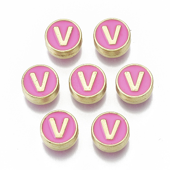 Alloy Enamel Beads, Cadmium Free & Nickel Free & Lead Free, Flat Round with Initial Letters, Light Gold, Letter.V, 8x4mm, Hole: 1.5mm